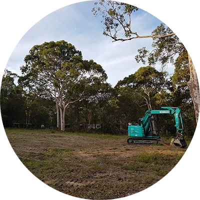 shows trees removed from a vacant lot with an excavator still onsite